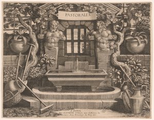 Plaque de titre avec fontaines rustiques et dédicace, tirée de Pastorales - Claudine Bouzonnet Stella