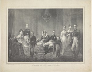 Portrait de famille de Guillaume Ier Frédéric, roi des Pays-Bas, Wilhelmine de Prusse, leurs fils avec épouses, leur fille et quatre petits-enfants - Claudio Linati