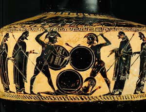 Scène de combat. Un hoplite blessé ou mort gît sur le sol. Hydrie à figure noire, identique à celle de 10-03-03/46 ...
