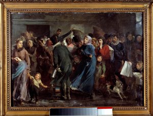 La queue à la boucherie. Les habitants affamés de Paris attendent leur tour chez le boucher pendant la guerre de 1870-1871 contre la Prusse. Peinture de Clément Auguste Andrieux - Clément Auguste Andrieux