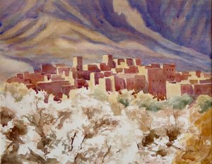 Amandiers en fleurs, gorges de Todra, 2000 (aquarelle) - Clive Wilson