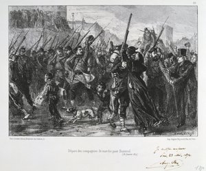 Guerre franco-prussienne 1870-1871 : Bataille de Buzenval (Mont Valérien) près de Versailles, 19 janvier 1871. Garde nationale marchant vers la bataille et la défaite. D