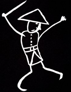 Personnage avec chapeau, uniforme et ailes. Dessin animé par Emile Cohl (1857-1938) en blanc sur noir - Cohl