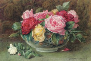 Nature morte avec un bol de roses roses, jaunes et rouges, 1883