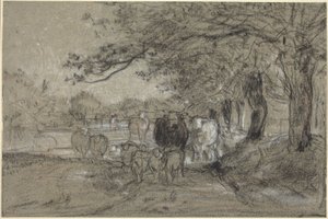 Vaches et moutons sous les arbres