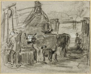 Cour de ferme avec homme et bétail