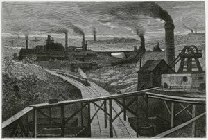 Exploitation minière et terrils. Gravure pour illustrer l