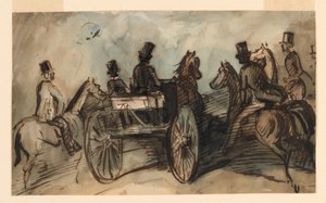 Une calèche et trois cavaliers