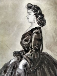 Étude de femme à mi-corps, mains dans les poches, profil à gauche - Constantin Guys