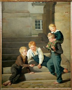 Garçons jouant aux dés devant le palais de Christiansborg à Copenhague (peinture sur toile) - Constantin Hansen