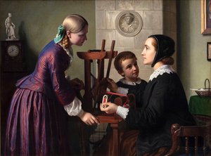 Une maîtresse de maison à son métier à tisser parlant avec deux enfants - Constantin Hansen