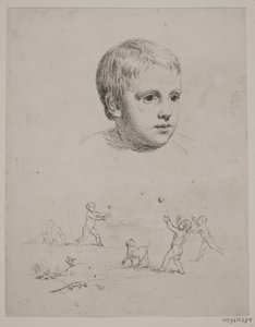 En haut portrait de T. N. Thiele enfant, en bas quatre garçons jouant à la balle - Constantin Hansen