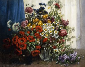 Coquelicots, Chrysanthèmes, Pivoines et autres Fleurs Sauvages dans des Vases en Verre