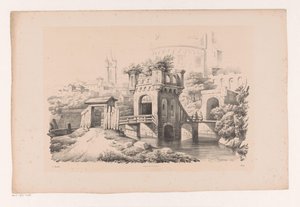 Pont avec une tour couverte de végétation (Het Landschap) - Constantinus Cornelis Huysmans