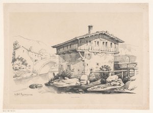 Maison et moulin à eau dans un village de montagne - Constantinus Cornelis Huysmans
