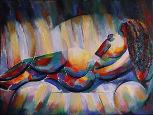 Figure allongée cubiste et colorée
