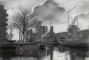 Esquisse du port de Rotterdam en hiver