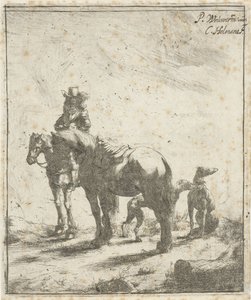 Cavalier avec deux chevaux et deux chiens