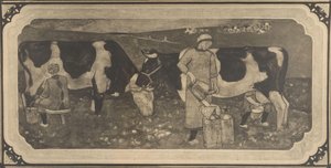 Photoreproduction de dessin de conception avec paysannes et vaches pour vitrail par Richard Roland Holst - Cornelis Albertus Deul