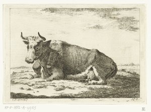 Paysage avec vache couchée avec cornes (série de vaches)