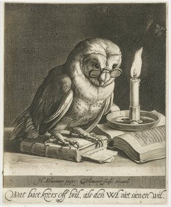 Chouette avec lunettes et livres. Vers 1625