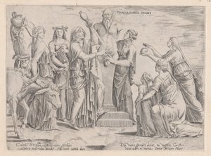 Speculum Romanae Magnificentiae: Huit femmes sacrifiant à Priape - Cornelis Bos.