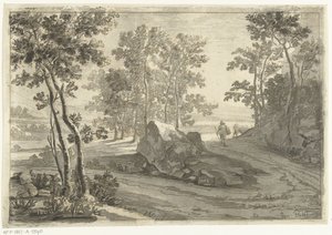 Paysage boisé avec un conducteur de bétail