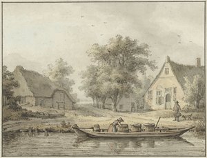 Paysage avec une barque amarrée avec des tonneaux - Cornelis Buys