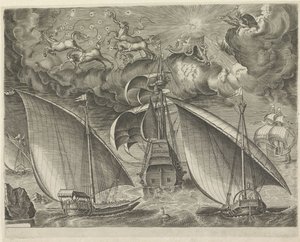Deux galères derrière un trois-mâts, dans le ciel la chute de Phaéthon - Cornelis Cort (possibly)