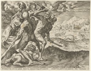 Hercule tue Géryon et son chien (Werken van Hercules) - Cornelis Cort