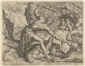 Hercule traînant Cerbère hors des enfers (Werken van Hercules) - Cornelis Cort