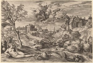 Paysage avec Roger libérant Angélique - Cornelis Cort after Titian