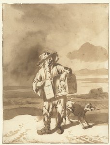 Jeune homme avec une boîte à images et un chien - Cornelis Dusart