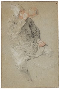 Homme assis buvant dans une chope en terre cuite et tenant une pipe (craie sur papier)