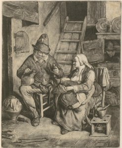 Un paysan dans une maison de campagne, à côté de lui une femme qui allaite - Cornelis Dusart