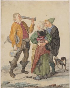 Un homme qui boit observé par un couple et un chien