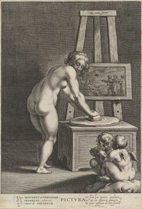 Pictura : allégorie de la peinture, avec une femme nue au centre broyant des pigments, deux p..., vers 1610-50 - Cornelis Galle I