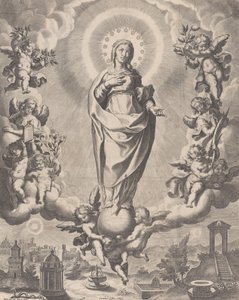 La Vierge en gloire, debout sur des nuages et entourée d