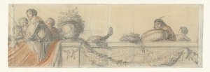 Personnes sur une balustrade avec festons (Ontwerpen voor wandschilderingen in kasteel Honselaersdijk)