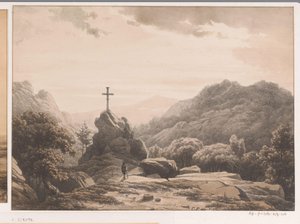 Paysage montagneux avec croix sur un rocher - Cornelis Lieste