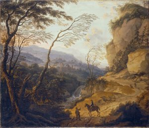 Hollandais : Paysage de montagne avec un cavalier et un chasseur en conversation - Cornelis Matthieu