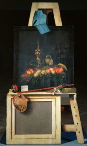 Chevalet du peintre avec nature morte de fruits