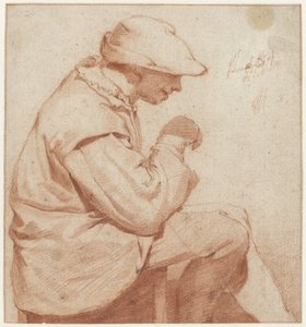 Homme assis avec un bonnet mou, de profil à droite, avec la main droite levée - Cornelis Pietersz. Bega (attributed to)