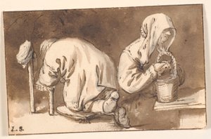Un homme agenouillé et une femme avec un panier - Cornelis Pietersz Bega