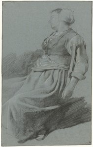 Femme assise, de profil gauche, portant un bonnet, avec son bras sur le dossier d