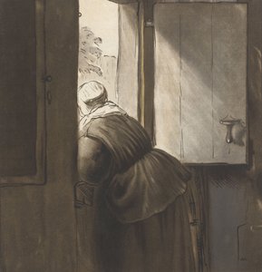 Une femme appuyée sur la porte du bas, d
