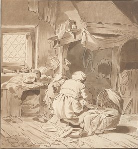 Intérieur paysan avec deux femmes - Cornelis Ploos van Amstel (signed by artist)