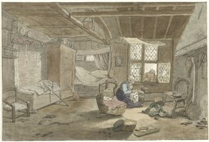 Intérieur avec femme près du berceau - Cornelis Ploos van Amstel (signed by artist)