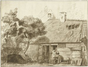 Dessinateur devant une ferme - Cornelis Ploos van Amstel (signed by artist)
