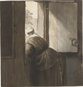 Femme appuyée sur une porte basse - Cornelis Ploos van Amstel (signed by artist)